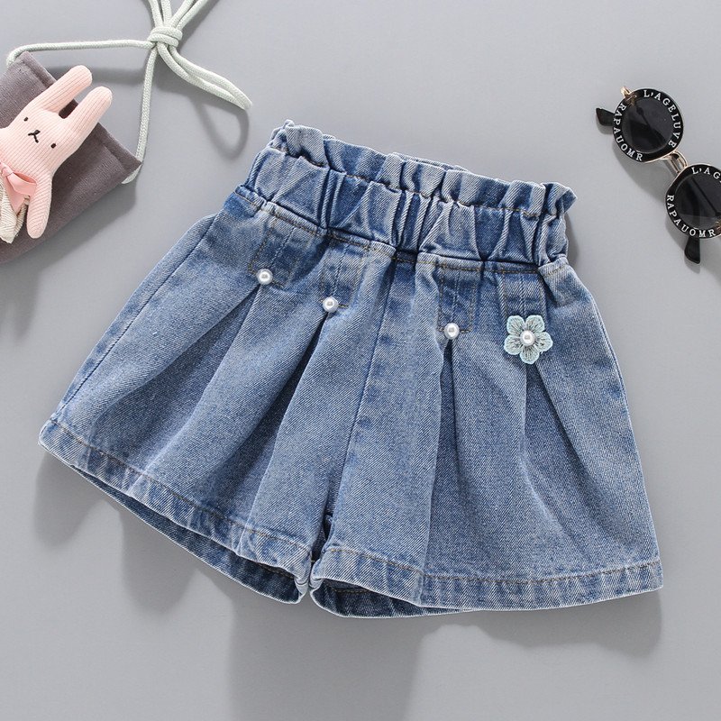 Mini Flower appliqued Blue Denim Shorts