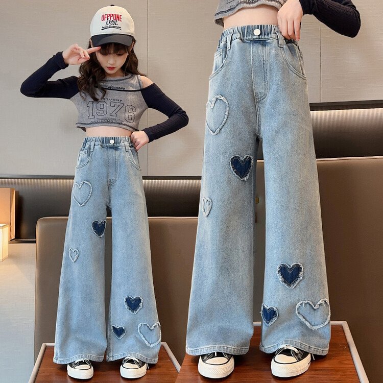 LB-Heart Printed Low waist Wide Leg Denim Pants